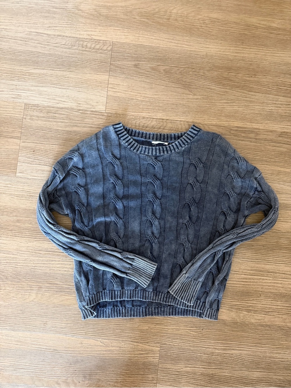 Distressed Blue Cable-Knit Crewneck Sweater
